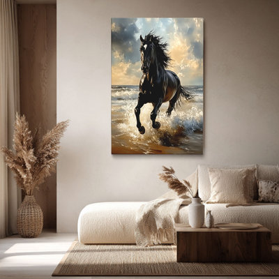 Cadre tendu avec toile dynamique «Black Stallion Courir sur la plage» pour Eclectic Studio