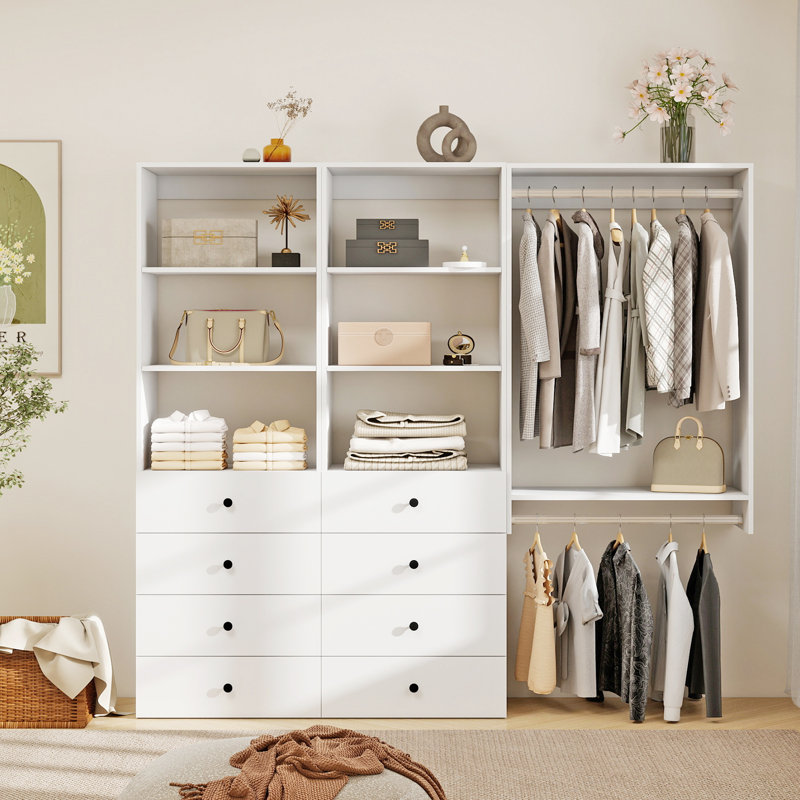 Système d'organisation modulaire avec 2 tringles, 6 tablettes et 8 tiroirs, Blanc