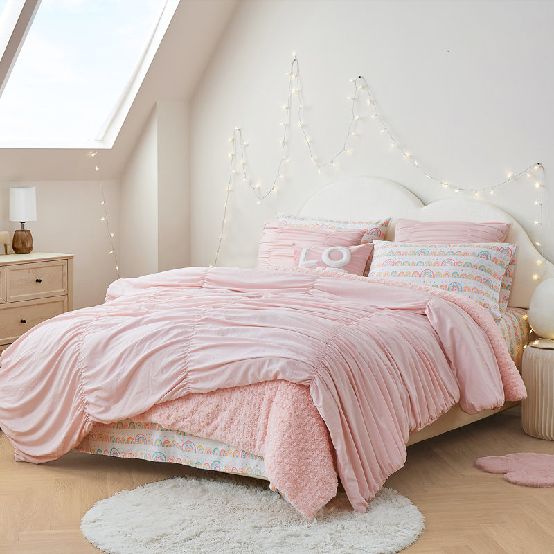 Ensemble d'édredon ruché Wonderful, Lit simple + 1 taie décorative standard, Rose