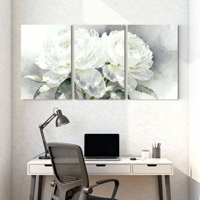 White Peony Floral Watercolor Canvas Wrapped Wall Art Set of 3 for Living Room Bedroom Home Decor