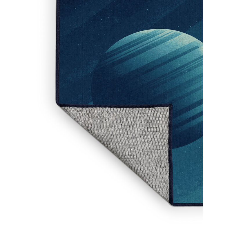 Machine Washable Percilla Exoplanet Illustration Modern & Contemporary Striped Rug in Blue – Navy Binding, 7x9