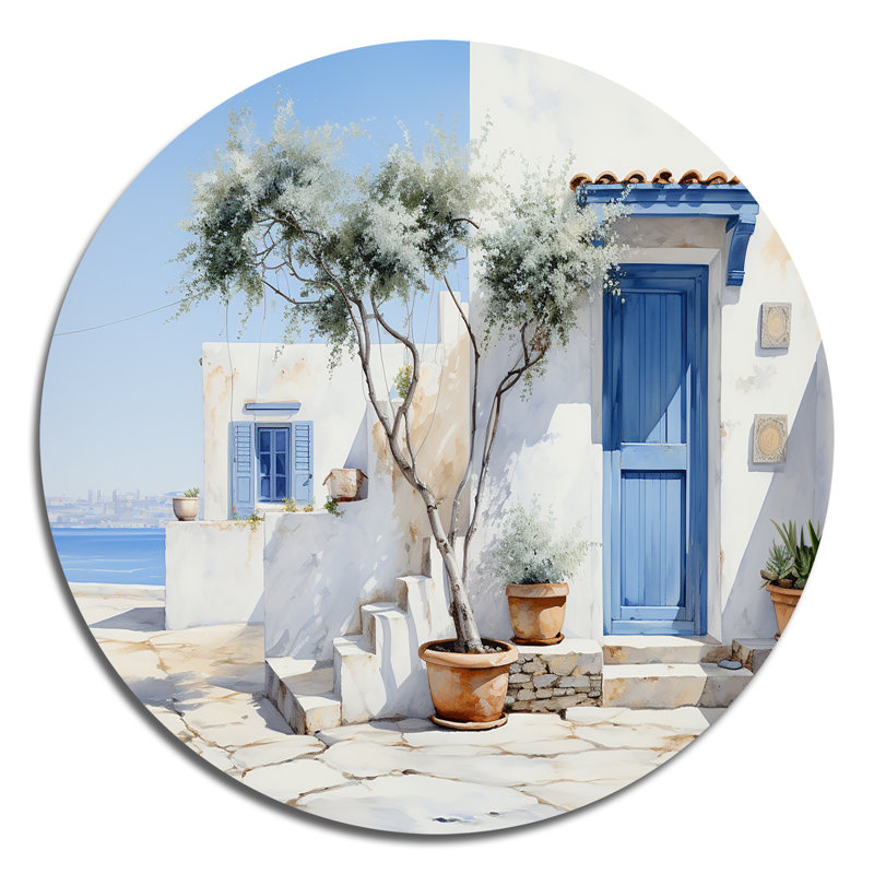 Grèce, harmonie cycladique II - paysages d'art rond en métal, H 16 po x l 16 po