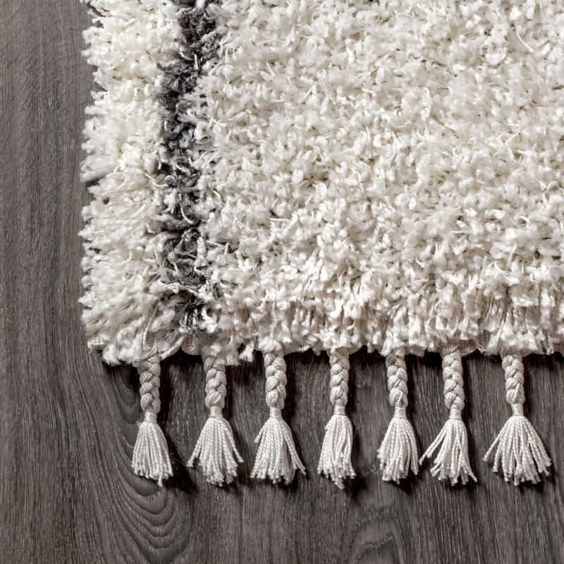 Cantera Shag Plush Tassel Moroccan Geometric Trellis Ivory/Gray Rug, Runner 2'3" x 8'