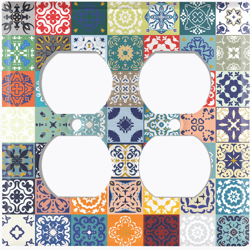 Metal Light Switch Plate Outlet Cover (Vintage Colourful White Elegant Square Pattern Picnic - Single Toggle)