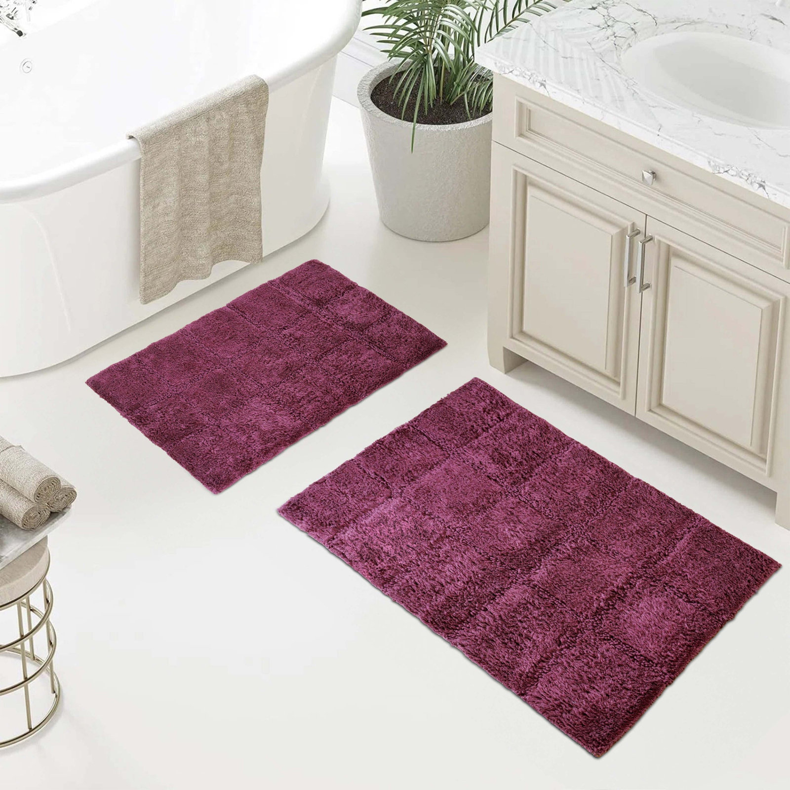 Checkered Cotton Bath Rug, Checkers Plum