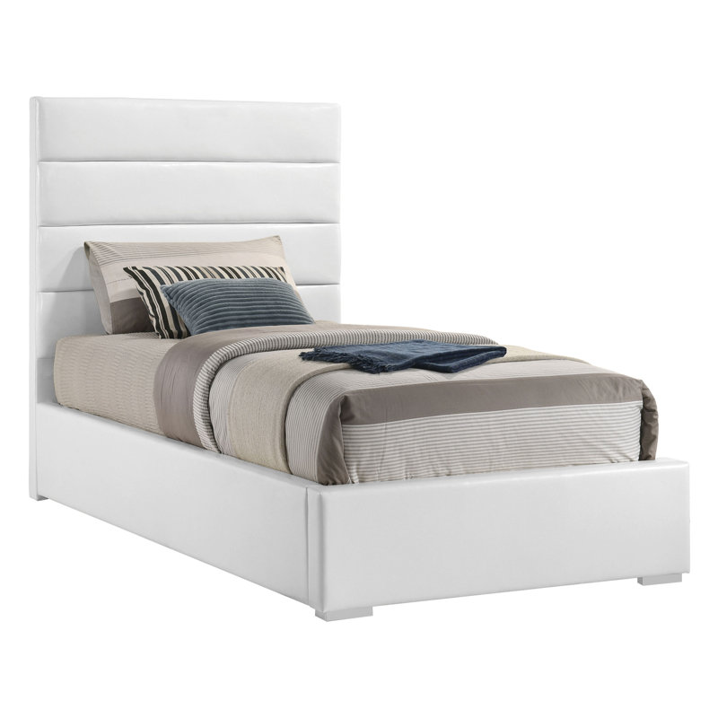 Ensemble de chambre à coucher Genevieve White Twin 3 pièces avec lit rembourré, commode et miroir DEL