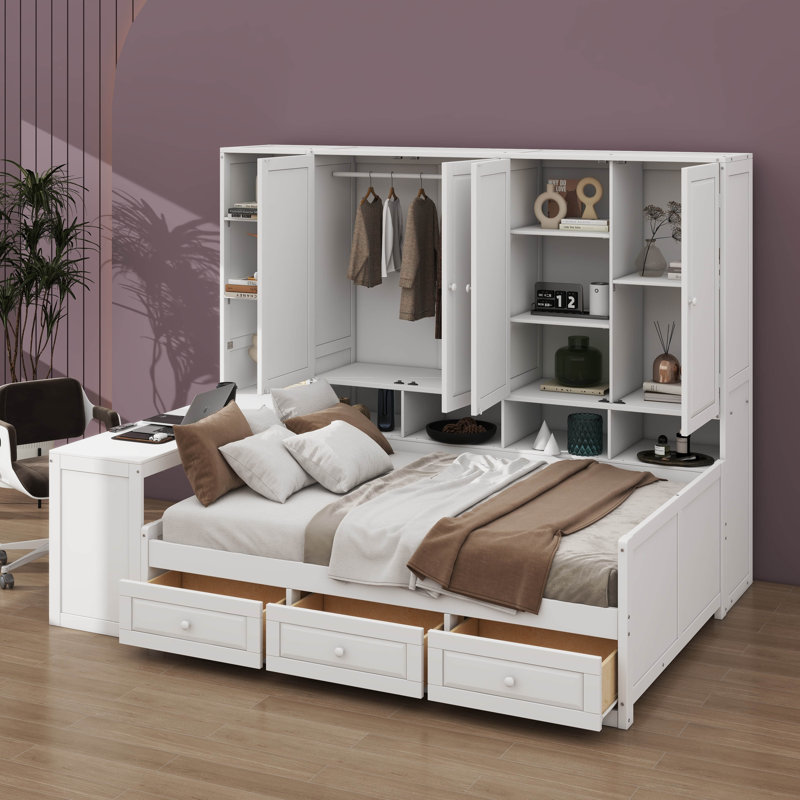 Wooden Daybed With Triple Drawers, Combined Storage, Desk, And Shelving System, White, Full