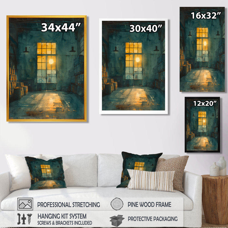 Toile commerciale verte et jaune - Warehouse, art mural, H 12 po x l 20 po, Cadre argenté flottant, bois massif