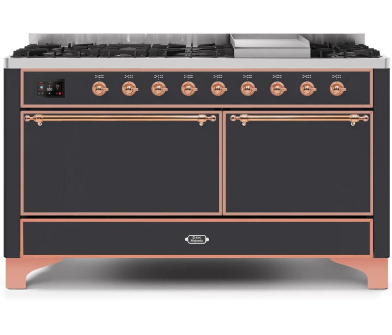 ILVE UM15FDQNS3BKCLP Majestic II 60 inch Dual Fuel Range with 9 Burners, Griddle (Liquid Propane, Solid Door, Glossy Black, Chrome)