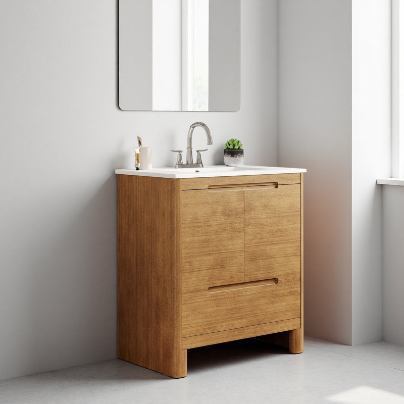 Meuble-lavabo moderne 30 po avec lavabo en céramique, grain de bois naturel, cadre en bois massif, portes et tiroir à fermeture en douceur, tablette réglable, ensemble tout-en-un