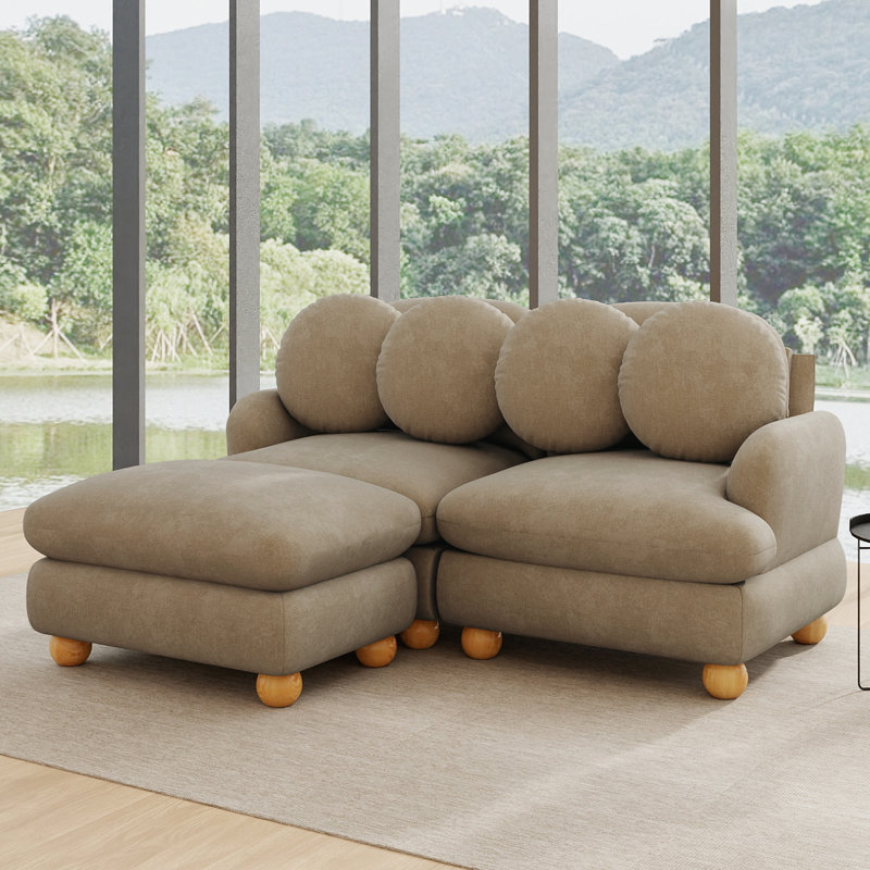 Canapé d'angle modulaire 2 places en chenille de 173 cm, assise profonde, avec 1 pouf et 4 coussins décoratifs, couleur camel