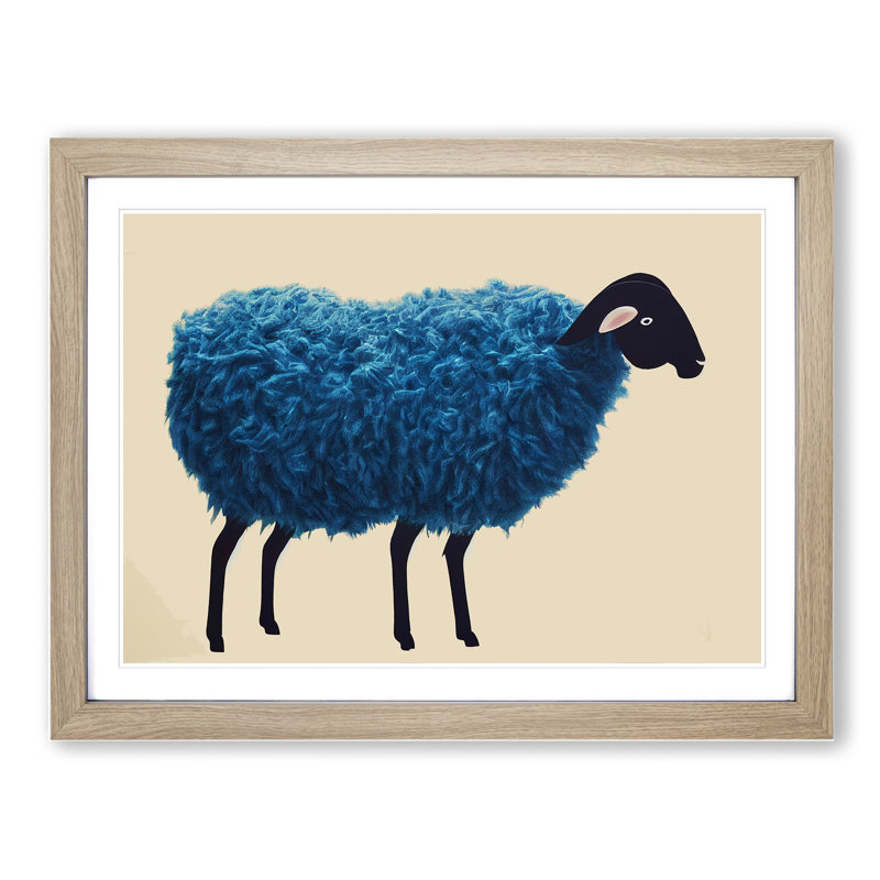 Fluffy Sheep - Single Picture Frame Painting, 46cm H x 64cm W x 2cm D, Oak