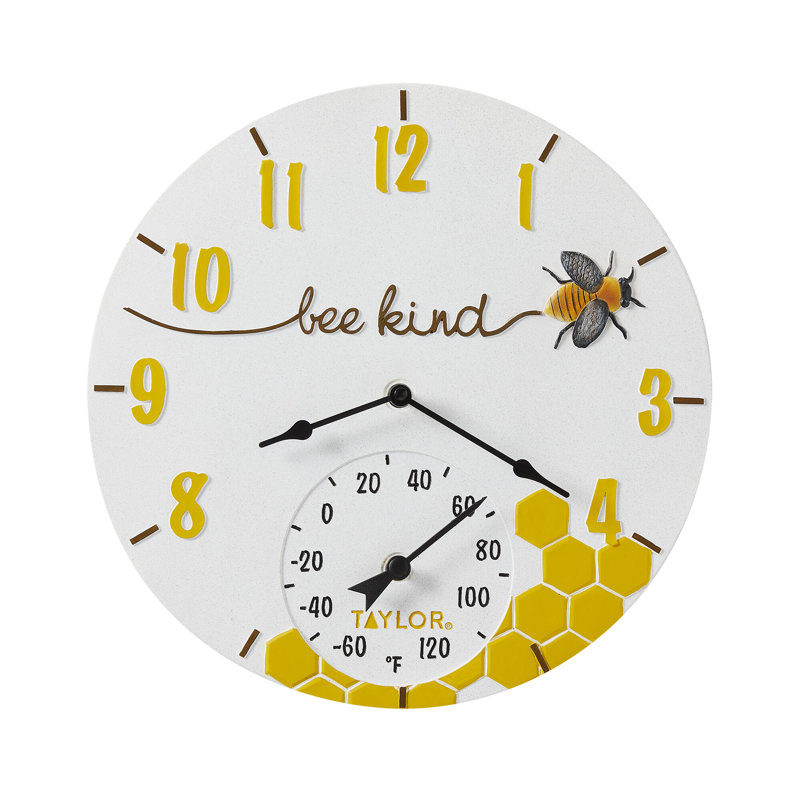 Taylor Bee Kind Poly Resin Clock and Thermometer, 14 Inch, Multi-Color