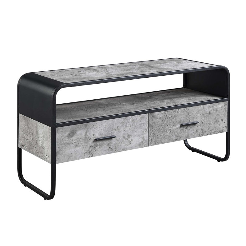 Meuble télé avec cadre en métal de 42 po, 2 tiroirs, aspect noir et gris béton, tablette ouverte, style principal