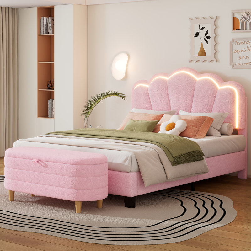 Ensemble de chambre à coucher 2 pièces, lit plateforme tapissier avec repose-pieds DEL, Rose, Double