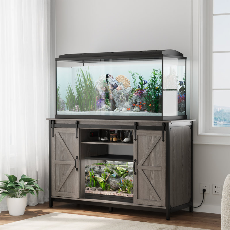 Farmhouse 55-75 Gallon Fish Tank Stand with Power Outlet, Aquarium Stand with Storage Cabinet and Sliding Barn Door, Heavy Duty Reptile Tank Stand, for 2 Tanks, 1000LBS Capacity