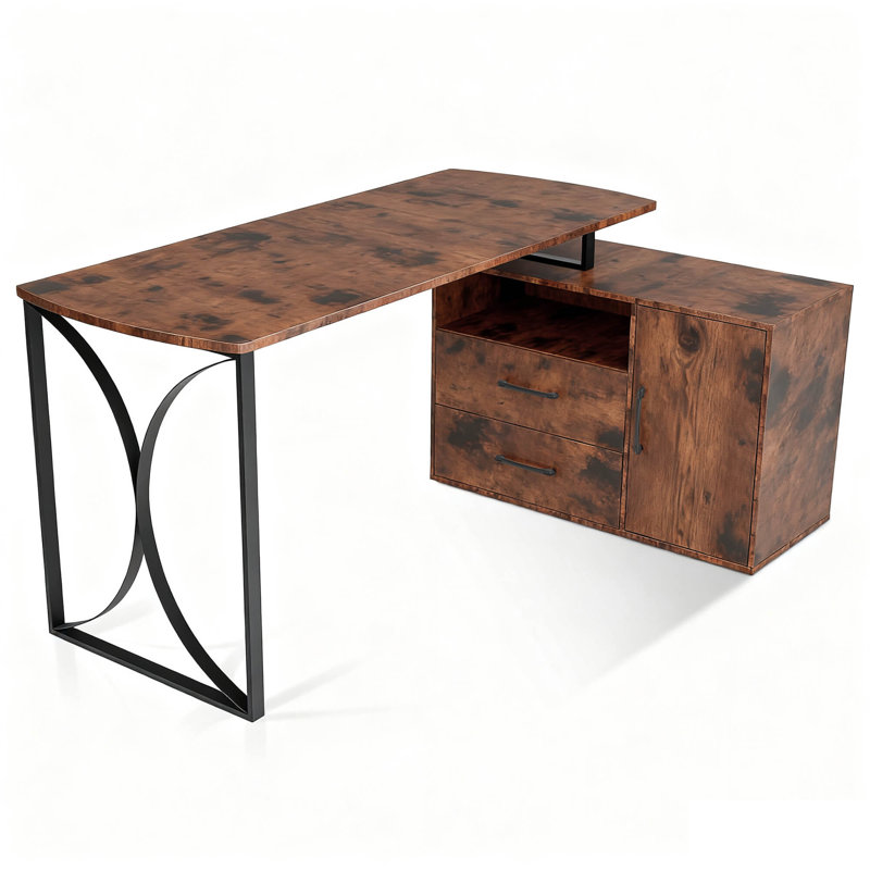 Bureau d'écriture en L, bureau d'ordinateur avec tiroir et armoire en L, Brun / Noir