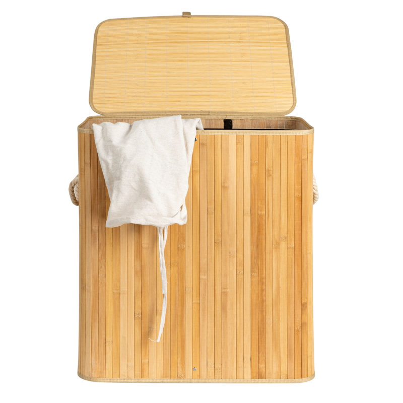 Natural Bamboo Double Laundry Hamper with Rope Handles and Lid