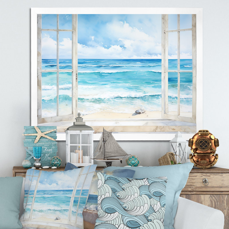 «Tranquility Beachside Windows Horizon II - Coastal Windows», art mural, Cadre de coin blanc fermé