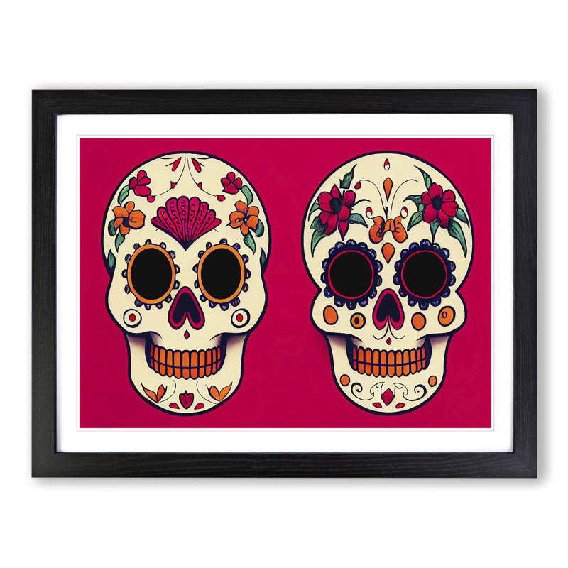 Floral Sugar Skulls - Single Picture Frame Print, Black, 46cm H x 64cm W x 2cm D