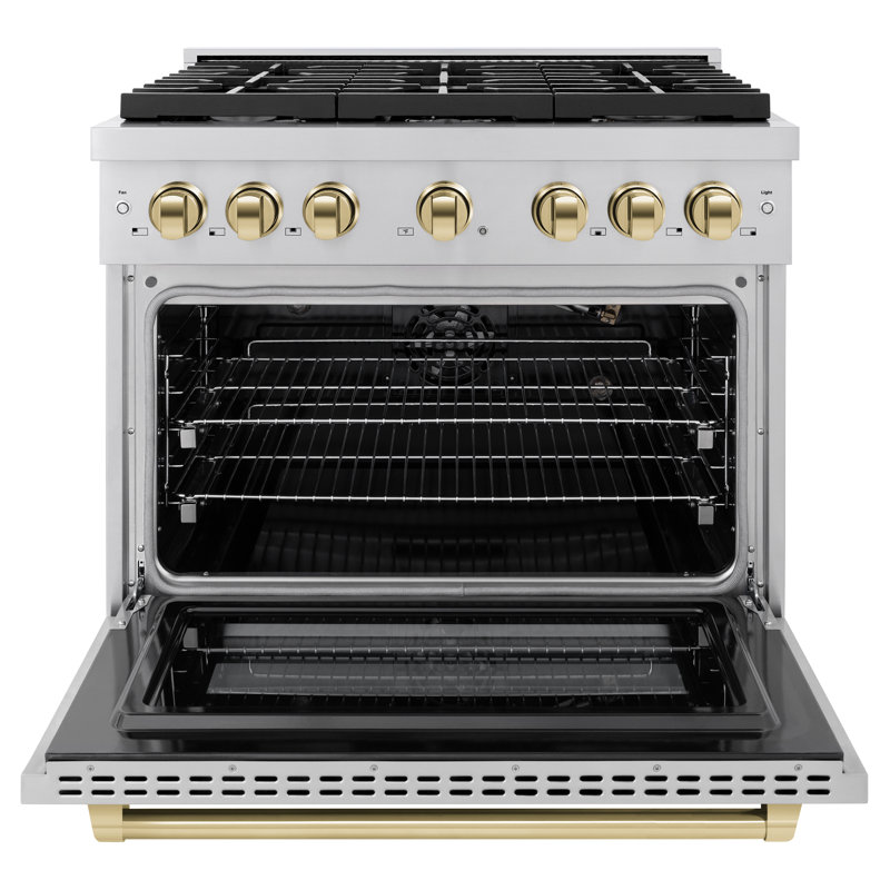 ZLINE Autograph Edition 36 in. 5.2 cu. ft. Paramount Dual Fuel Range with 6 Burner Gas Cooktop and Electric Convection Oven in Stainless Steel with Polished Gold Accents