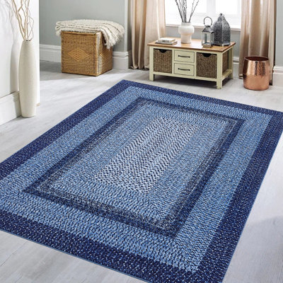 Tapis tressé 3 x 5 po, tapis lavable pour le salon, tapis décoratif rétro, tapis imprimé tressé, tapis de cuisine à poils courts sans perte avec envers antidérapant, tapis bleu marine pliable et esthétique