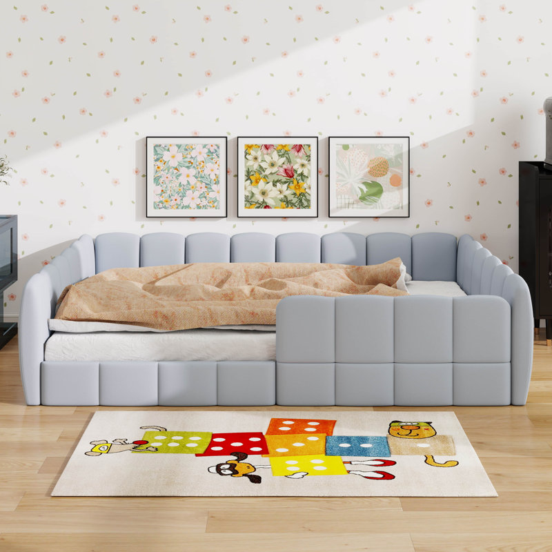 Lit de plancher pour enfants, lit Montessori avec garde-corps, cadre de lit rembourré à profil bas pour garçons et filles