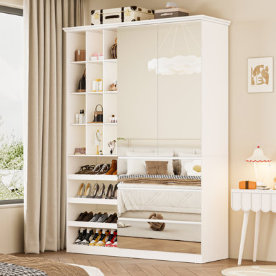 Full Mirrored Armoire Wardrobe Closet, Modern Armoires With Shoe Storage Racks, Open Storage Organizer For Closet, 2 Doors &3 Drawers Cabinets For Bed by Latitude Run