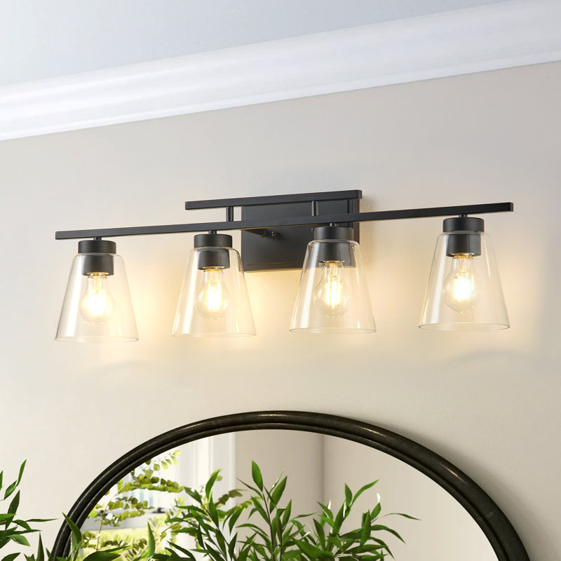 4 lumières de meuble-lavabo à intensité variable en métal noir et verre 4 lumières E26, certifié UL