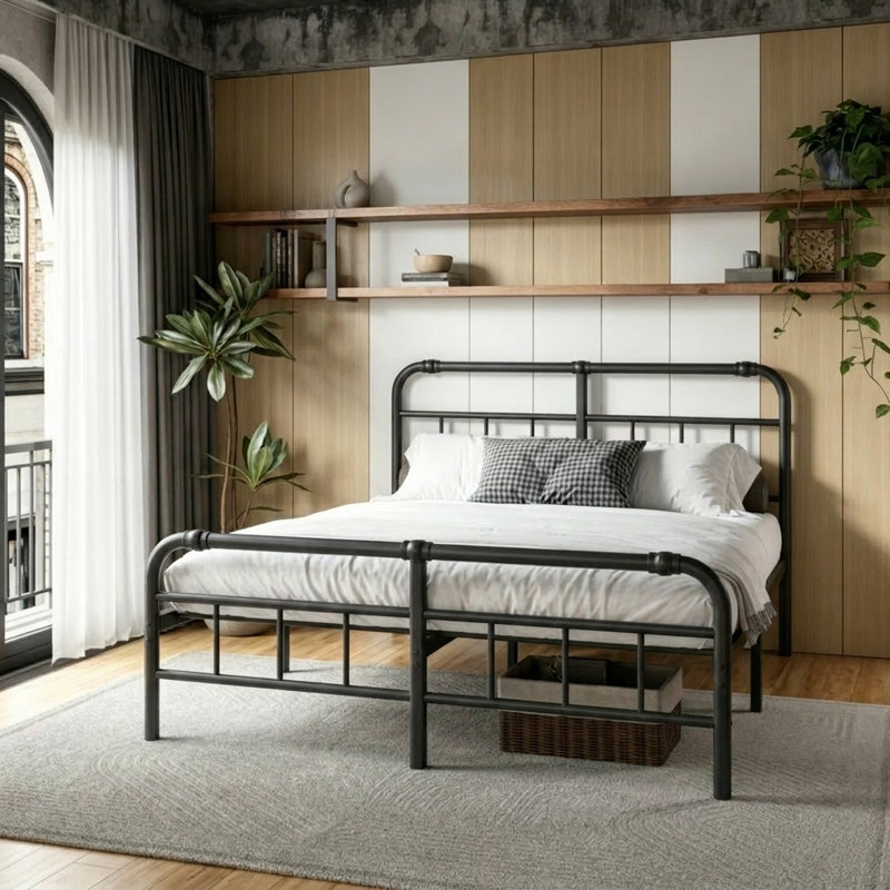 Structure de lit très grand en métal avec tête de lit, lit plateforme en acier robuste, aucun sommier requis, rangement sous le lit de 18 po, sommier anti-bruit, assemblage facile pour la chambre d'amis