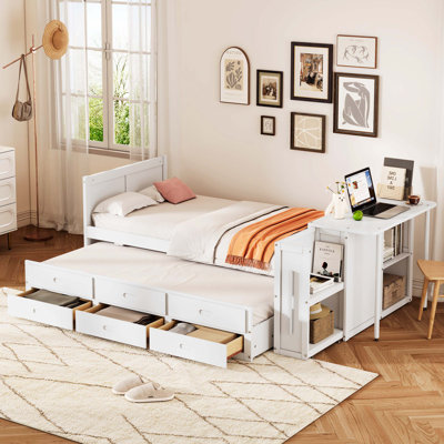 Lit plateforme blanc multifonctionnel en bois avec bureau de bout, tablette de rangement, lit gigogne intégré et 3 tiroirs