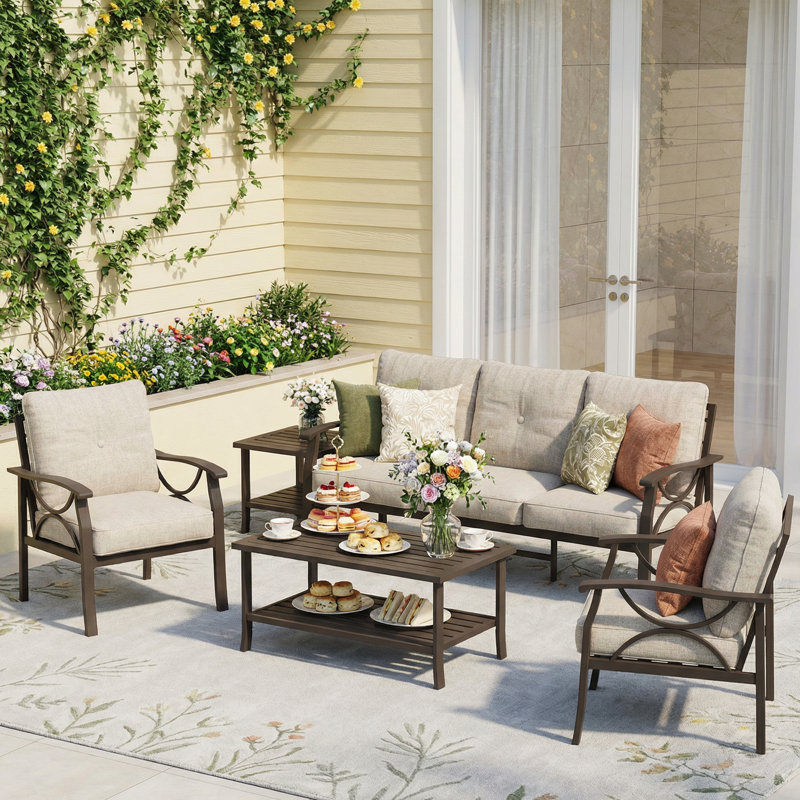 Ensemble de mobilier d'extérieur 5 pièces 5 pièces, Cadre café / coussin kaki