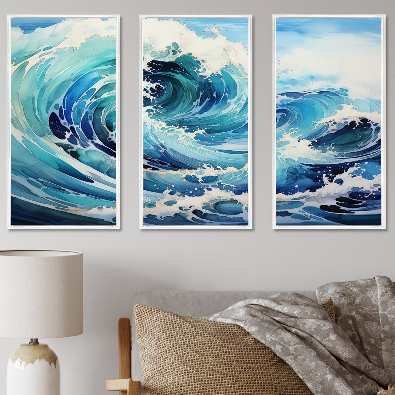 «Blue Wave Ocean Storm», ensemble d'art sur toile, Cadre flottant blanc, H 32 po x l 48 po x P 1 po