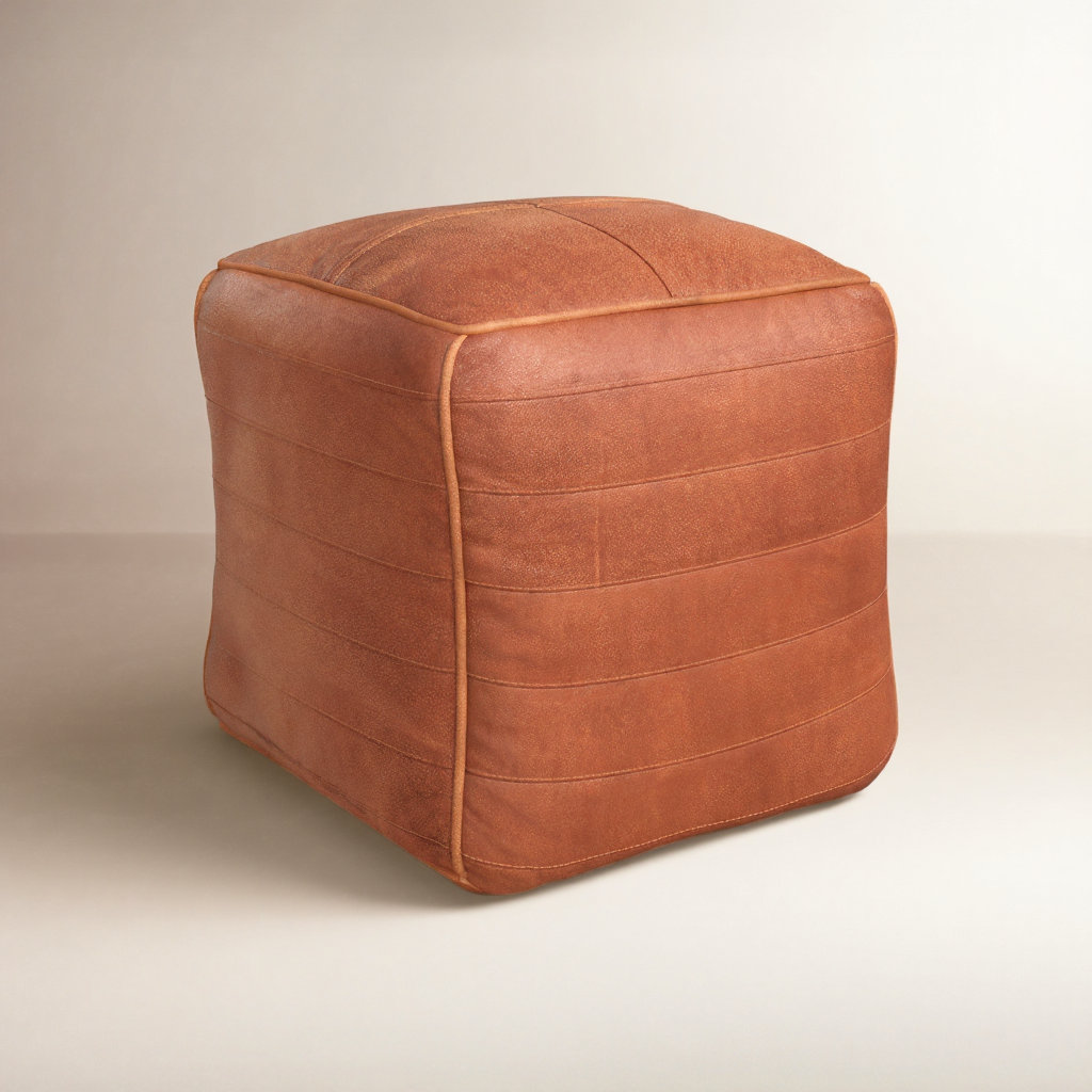 Shari Leather Pouf, Brown Genuine Leather