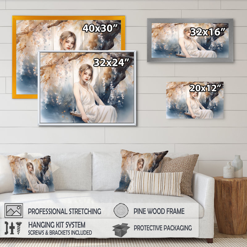 Superbe femme sous un saule II - mode femme, impressions sur toile, H 12 po x l 20 po x P 1 po, Encadrement doré