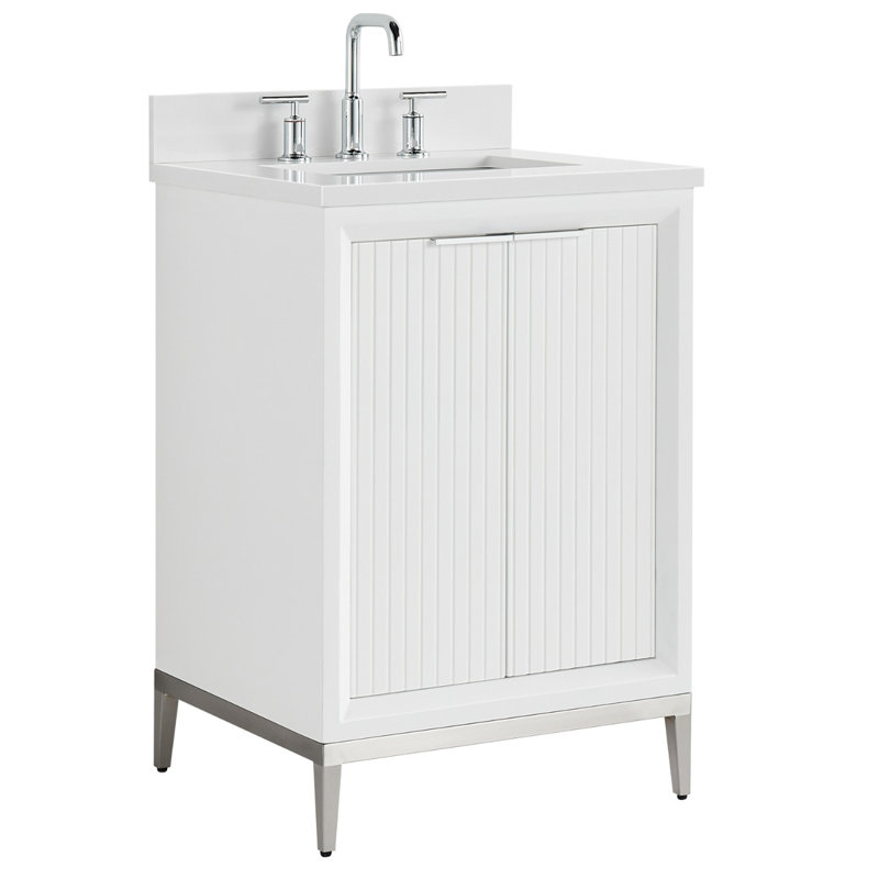 Meuble-lavabo simple argent 24 po avec plateau en quartz blanc pur, Blanc / Blanc