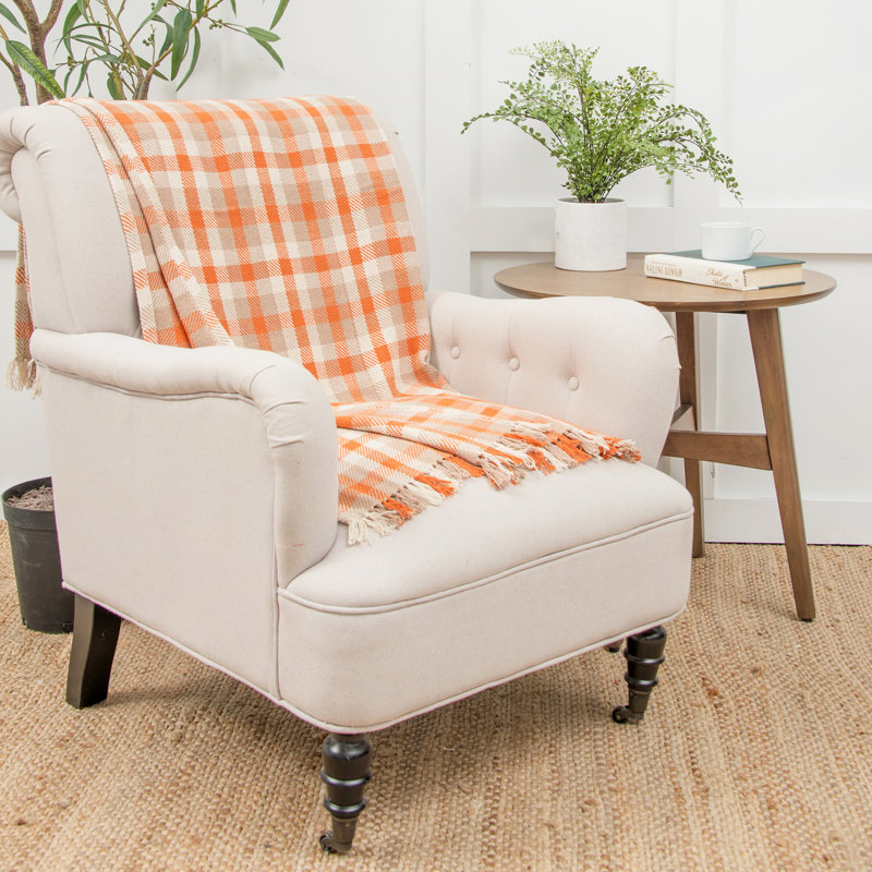 Orange and Beige Cotton Plaid Throw Blanket