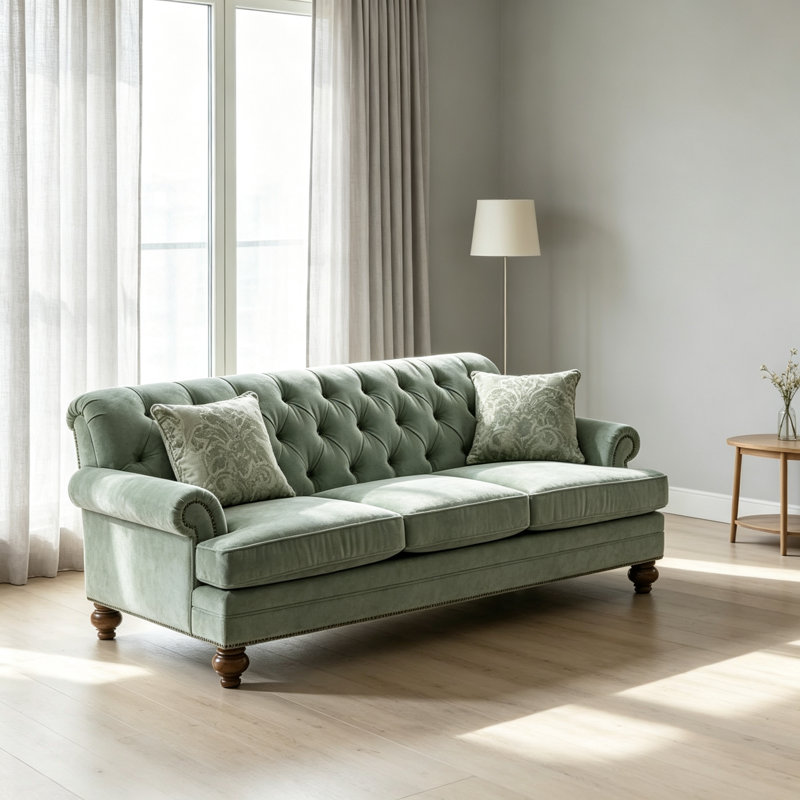 Vintage Solid Wood Fabric Three - Seater Sofa