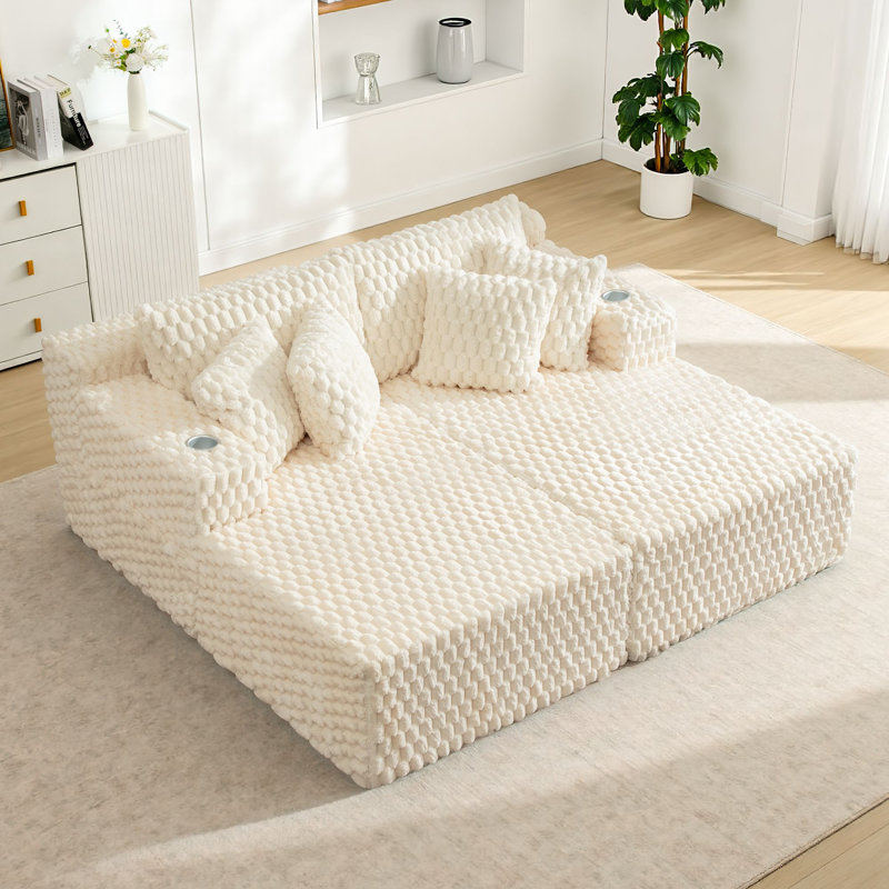 Boneless 74.8" Faux Fur Upholstered Sleeper Sofa Couch, Pearl