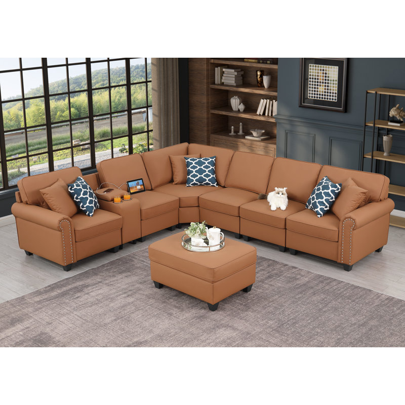 Tyshonda Artificial Leather With Individual Cupholder Console And 1 Ottoman, Brown Faux Leather