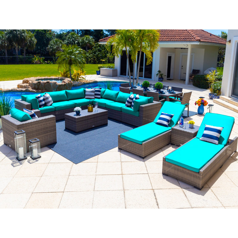 Ensemble de patio 19 pièces en rotin avec coussins Yussuf, Aruba, Gris, 8 pièces incluses