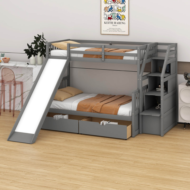 Lit superposé avec tiroirs, rangement et glissade, Gris
