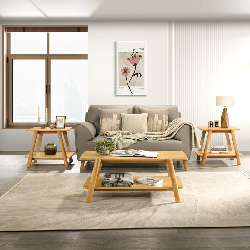 Ensemble de 3 tables basses, 2 tables basses et 2 tables de bout, finition chêne naturel, 0.01" H x 0.01" W x 0.01" D