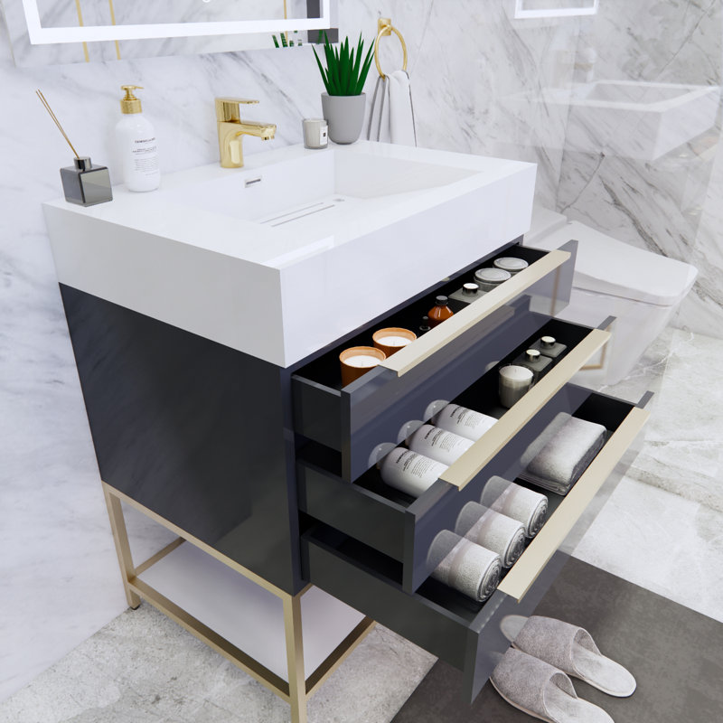 Ensemble de meuble-lavabo simple 30 po Glasgow, Gris foncé à haute brillance