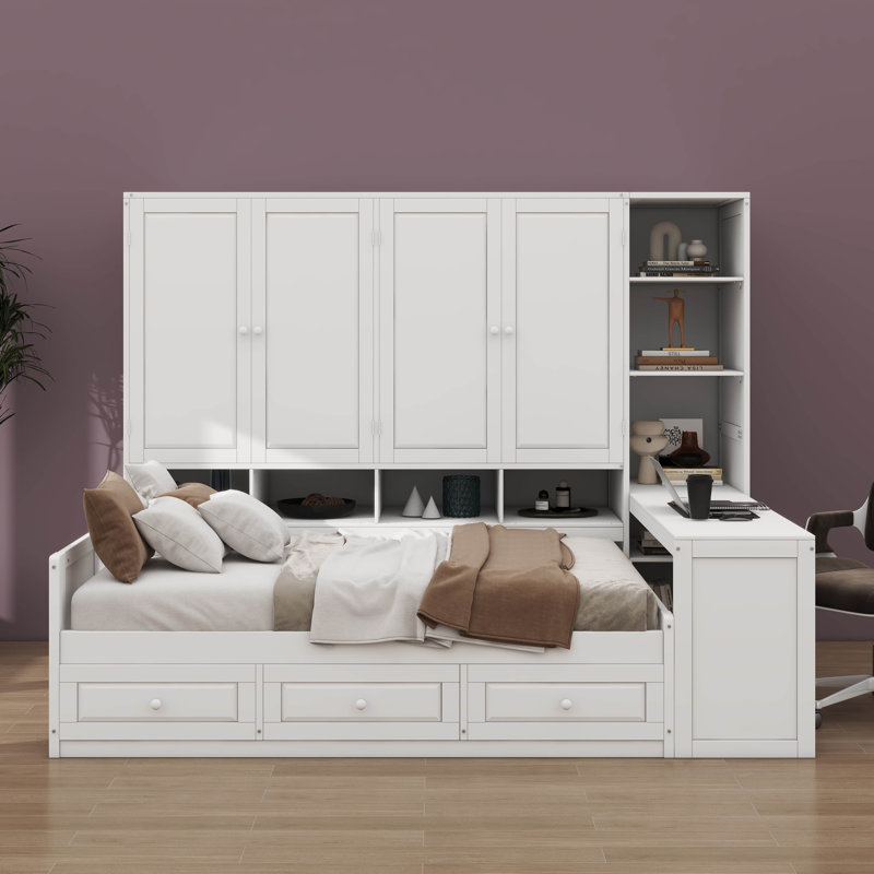 Wooden Daybed With Triple Drawers, Combined Storage, Desk, And Shelving System, White, Full