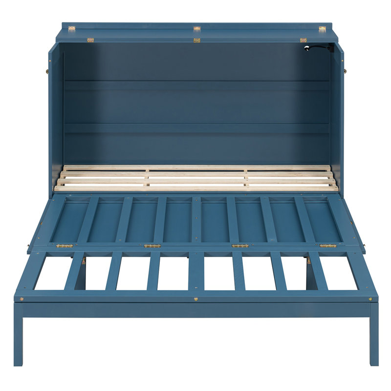 Multifunctional Murphy Bed With Storage Drawer & Charging Ports, Elegant Cabinet Bed For Guest Room Home Office, Navy Blue