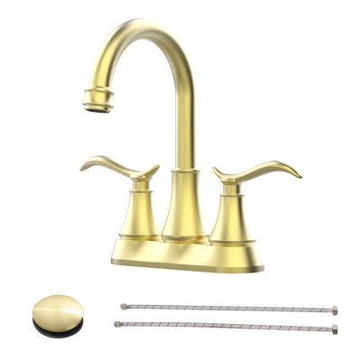 Robinet de salle de bain or brossé avec bonde escamotable et tuyaux d'alimentation Robinet de meuble-lavabo à 4 poignées et centre à 4 poignées