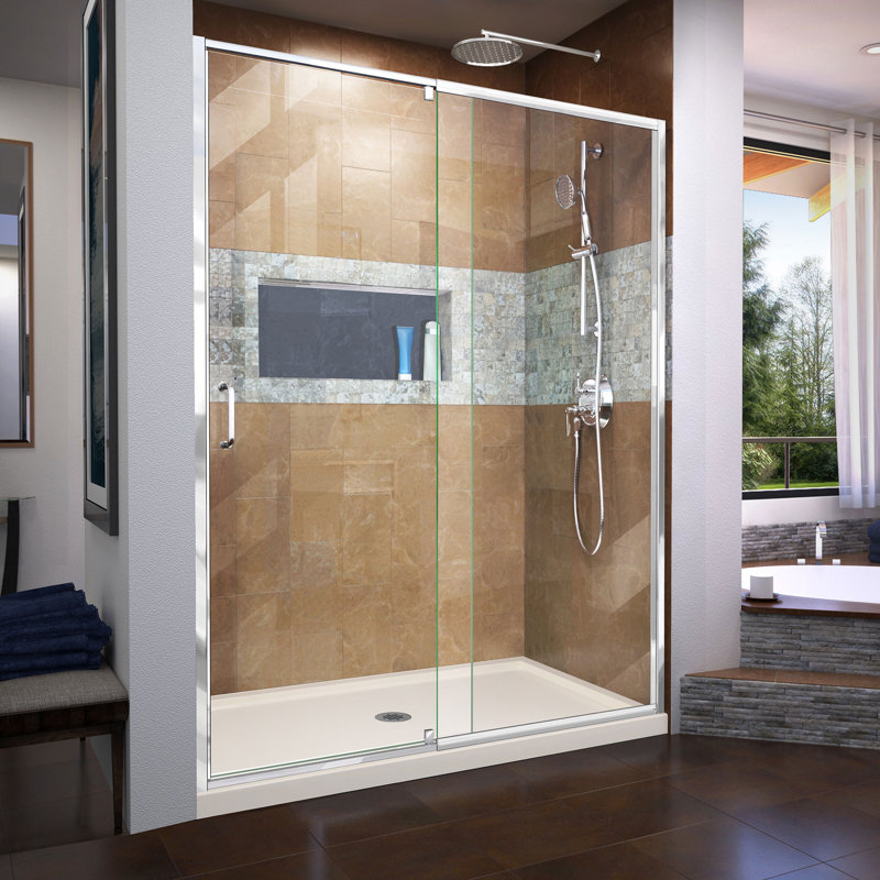 Flex Dreamline 60" x 74.75" Rectangle Pivot Shower Enclosure with Base Included, Chrome/Biscuit, Center