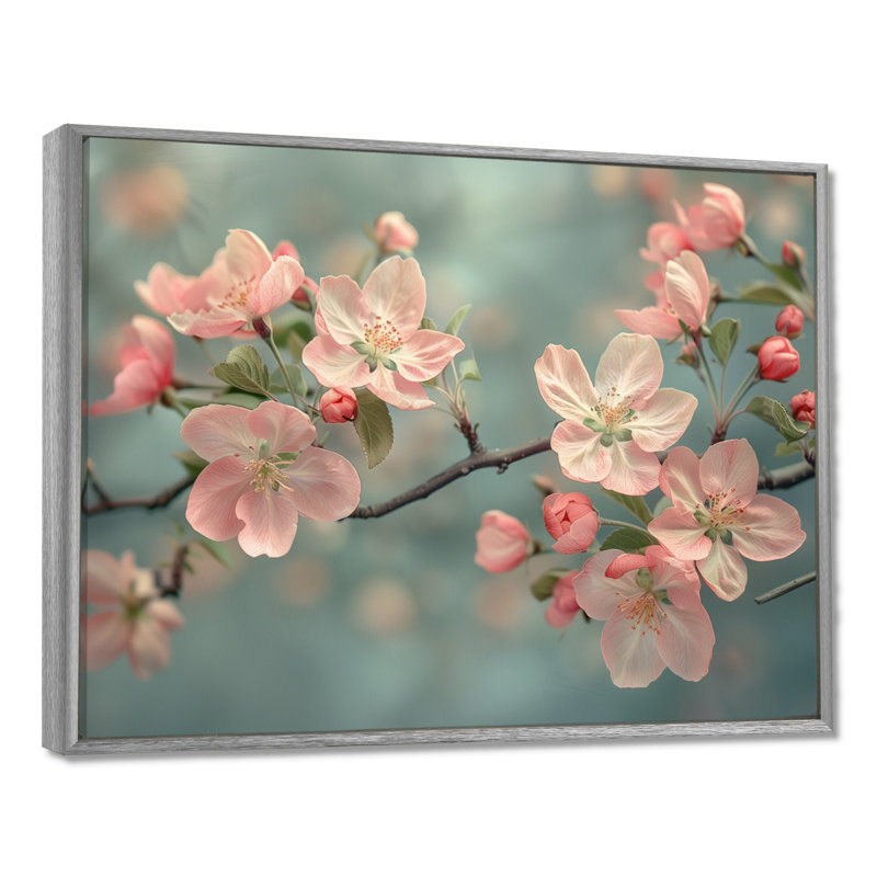 Fleurs de pommier rose et gris I - Art mural, Cadre flottant noir, H 30 po x l 40 po