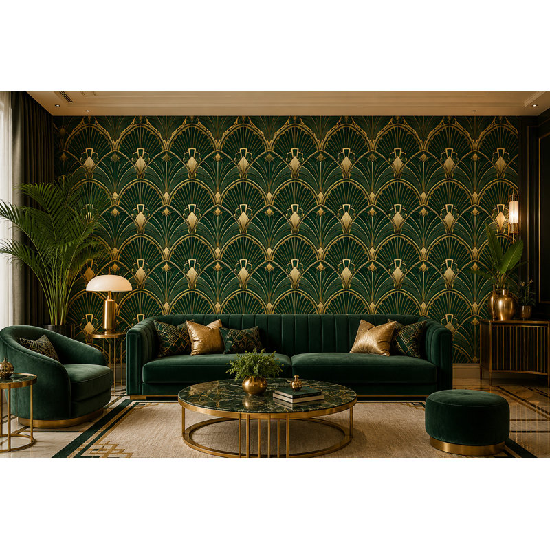 Papier peint à motif géométrique Art déco vert émeraude en forme d'éventail, L 180 x L 100, Non tissé